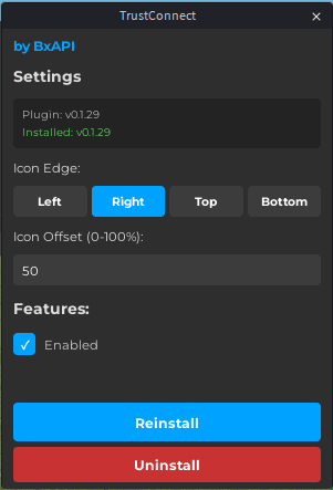TrustConnect plugin configuration window: icon edge, offset, Reinstall and Uninstall buttons