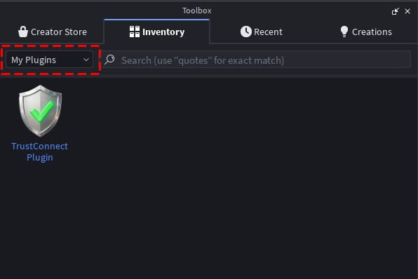 Toolbox in Roblox Studio with Inventory tab and My Plugins filter selected, TrustConnect Plugin visible